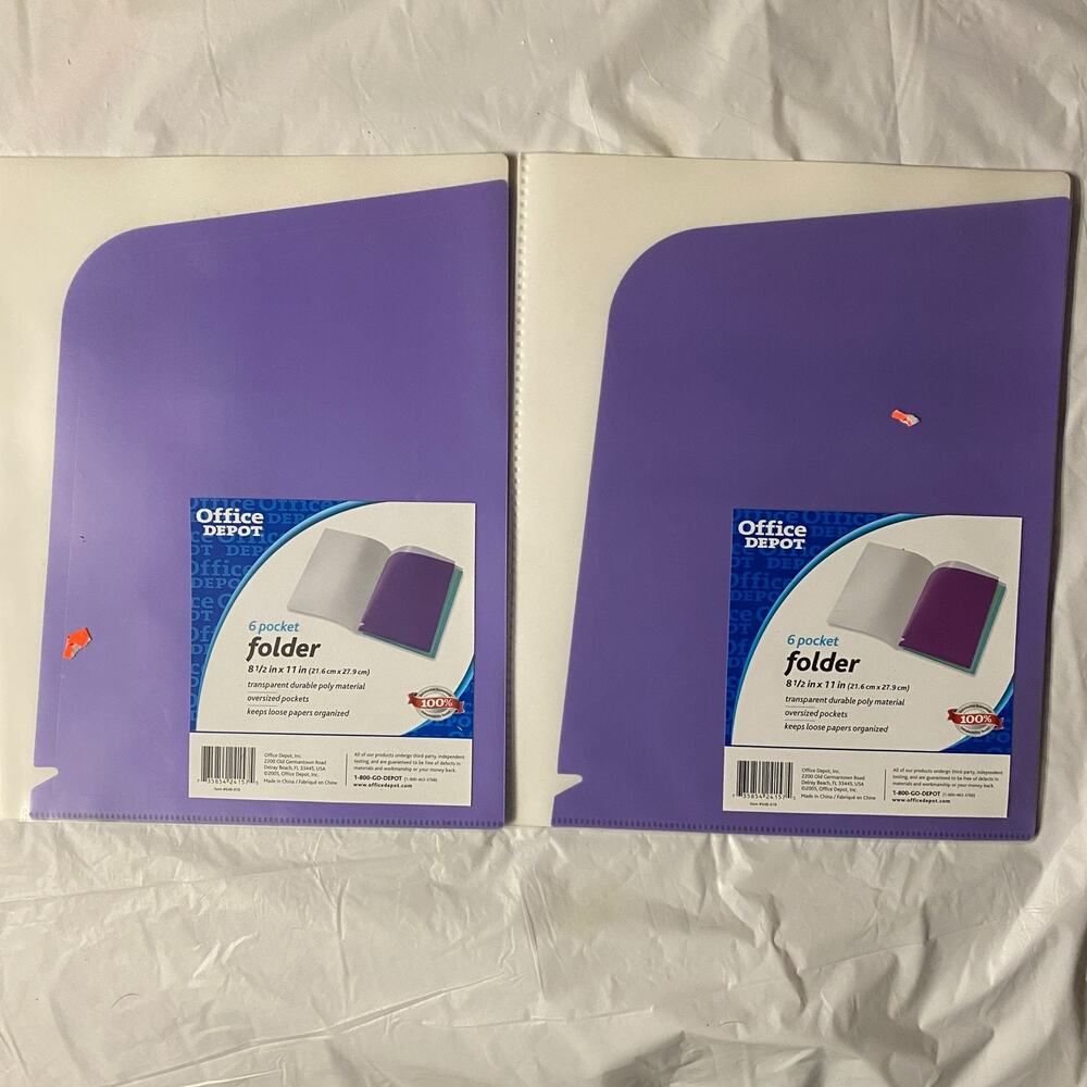 2 New Office Depot 6 Pocket Folders 8.5" x 11" Transparent Duable Poly Material